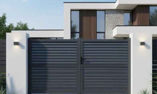 Portail ALU Arles persienné largeur 3m00 ou 3m50 Ht 1m70 Gris 1m70 Gris